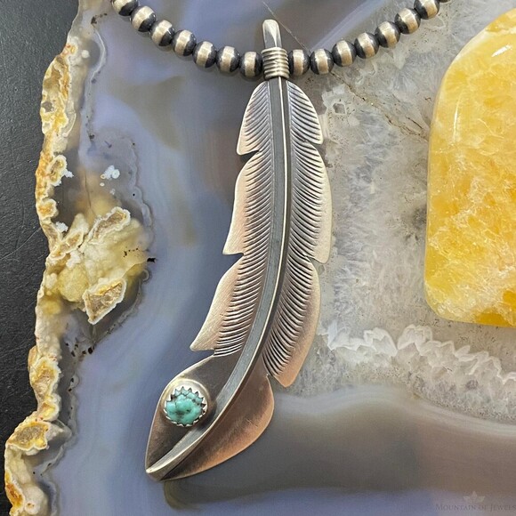 Jewelry - Billy Long Native American Sterling Oxidized Feather w/Turquoise Unisex Pendant
